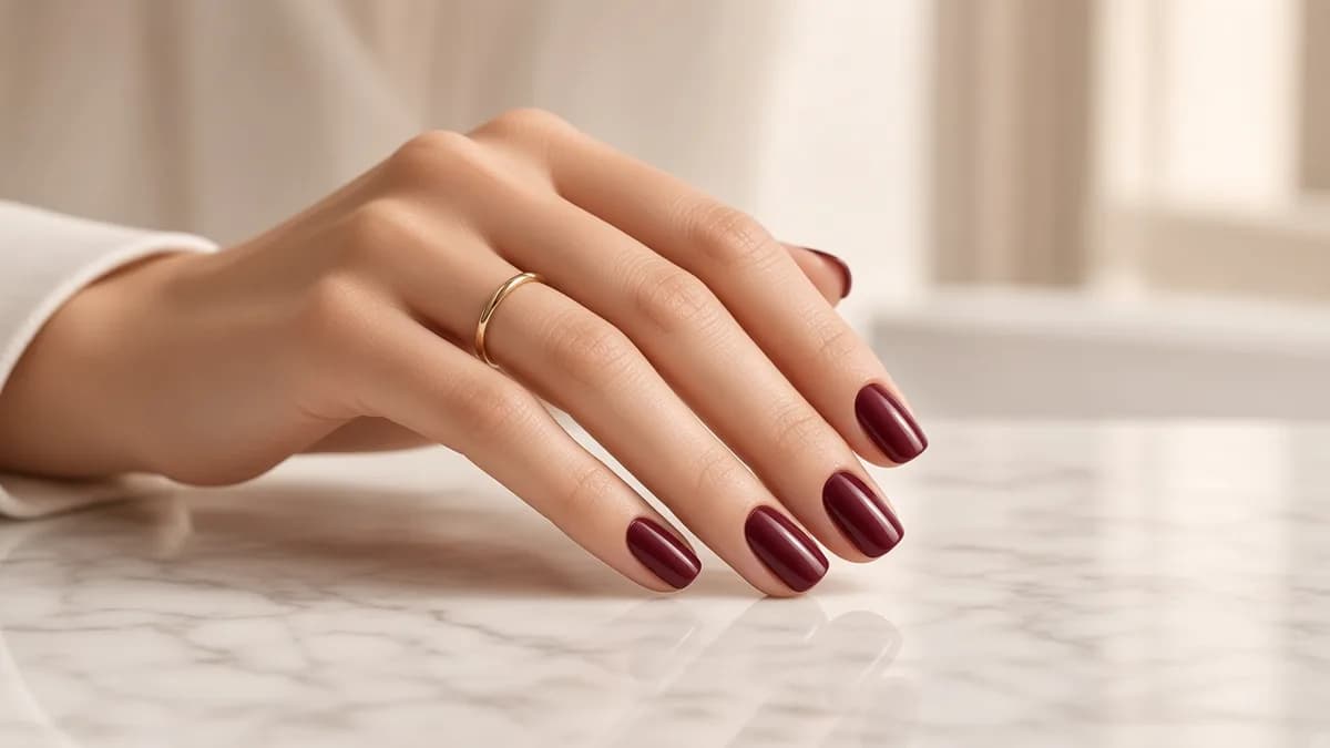 Mão com esmaltação vinho sobre mármore claro.