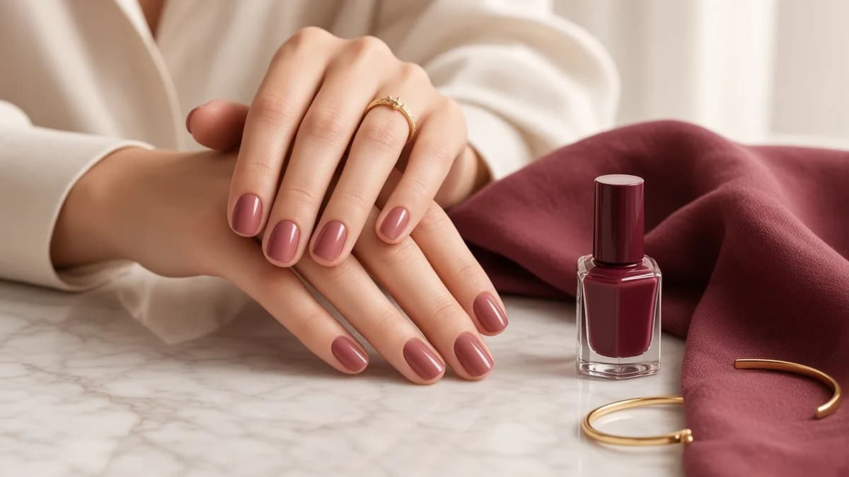Mãos com esmaltação nude sobre mármore claro e tecido vinho.