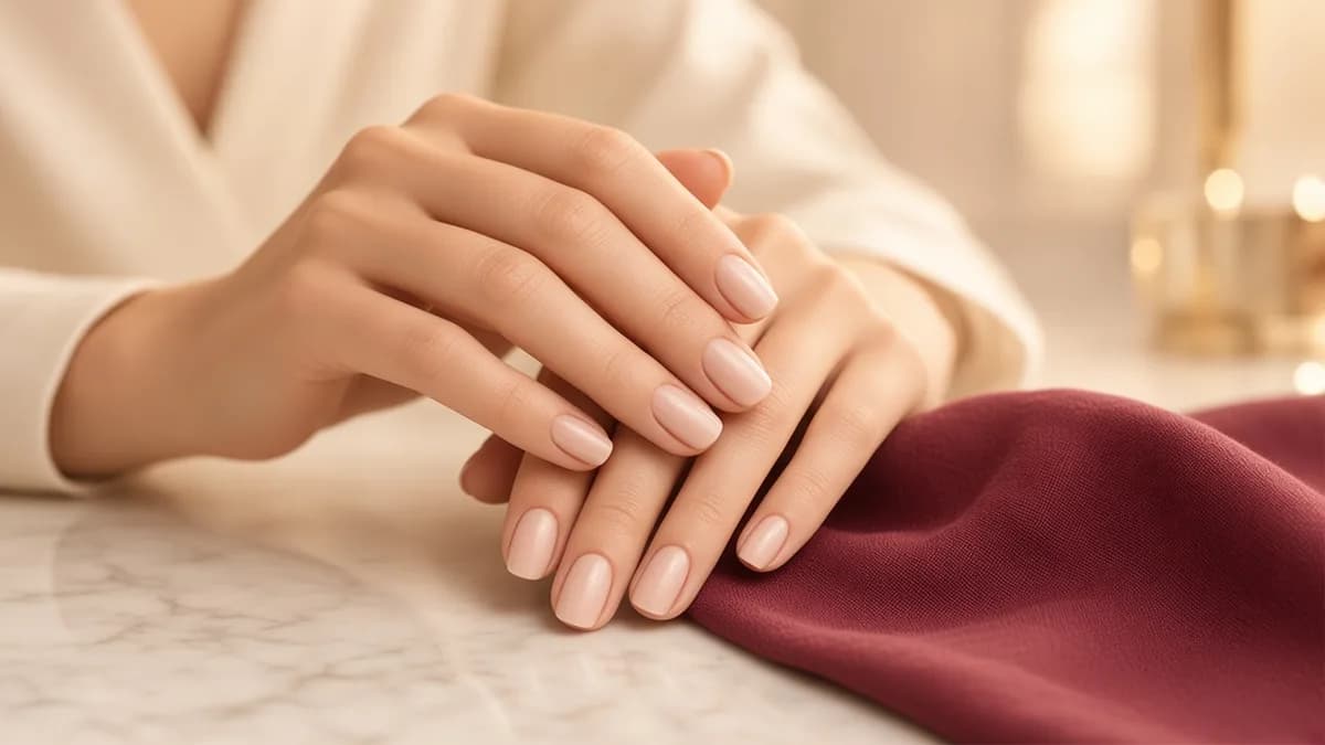 Mãos com esmaltação nude sobre mármore claro e tecido vinho.